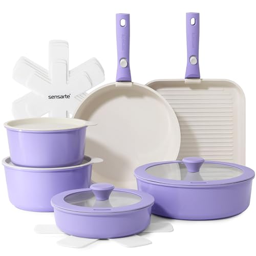 17 Piece Ceramic Detachable Handle Pots and Pans Set Purple (Purple / 17 Piece)