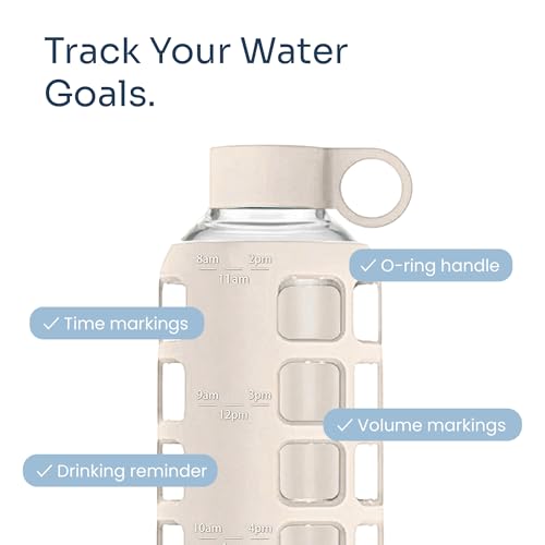 40oz / 32oz / 22oz / 12oz Borosilicate Glass Water Bottle with Time & Volume Markers, Silicone Sleeve, Stainless Steel Lid | Reusable Glass Bottle for Water & Juice (22oz Pearled Ivory) (Pearled Ivory (1 Count) / 22 Ounces)
