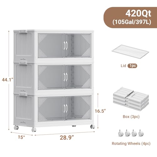 V60 420QT Plastic Stackable Storage Bins with Lid (White / 140QT-3Pack)