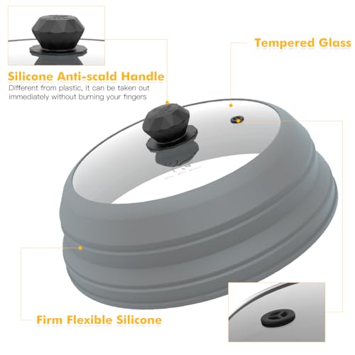 Microwave Splatter Cover Vented Glass Cover Splatter Guard Lid with Collapsible Silicone for Food as Pot Cover Plate Cover 10.8 inch for 6 7 8 9 10 inch Plate Bowl Light Grey (10.8 inch / Light Grey Lid)