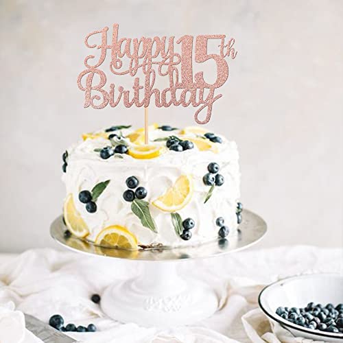 1 PCS Happy 15th Birthday Cake Topper Glitter Cheers to 15 Years Birthday Cake Pick Mis Quince 15 Fabulous Cake Decoration for Happy 15th Birthday Theme Party Decorations Supplies Rose Gold (Rose Gold / 15th)