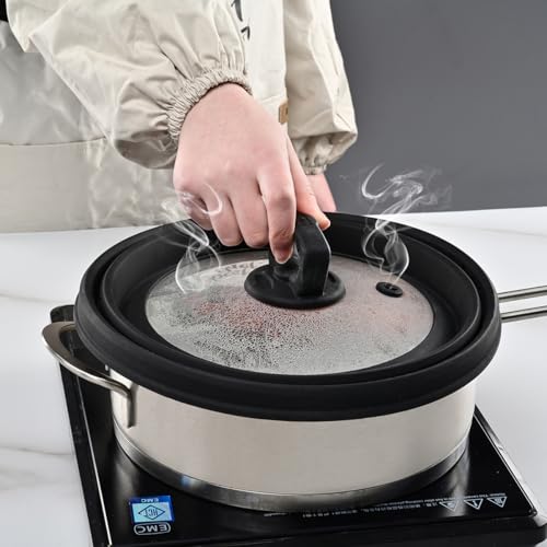 Tall Microwave Splatter Cover Glass Cover Guard Lid 7 inch Height with Collapsible Silicone for Food Pot Plate 10.8 inch Black (10.8 inch / Black (Taller style))