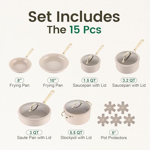 Ceramic Cookware Sets (Taupe / 15Pcs Set)