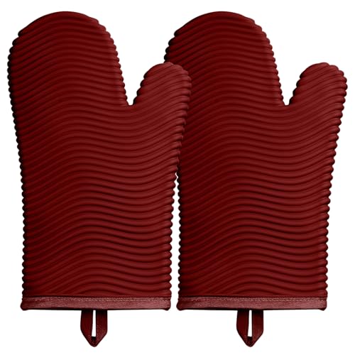 Silicone Oven Mitts (2PCS-12"L x 7"W/RED-WAVE SURFACE)