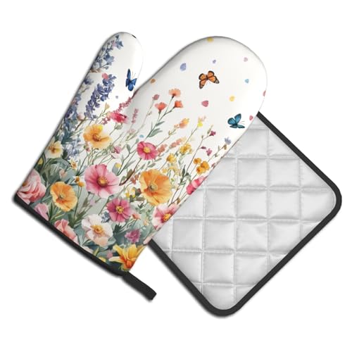 Spring Flower Oven Mitts and Pot Holder Kitchen Accessories Sets Botanical Floral Heat Resistant BBQ Cooking Oven Gloves Washable Hot Pads (Botanical Floral)