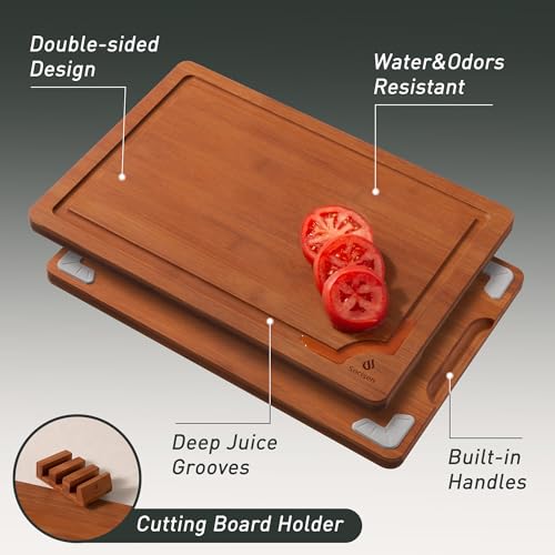 3 Packs Bamboo Cutting Board Set with Non Slip Feet Holder and Over Sink Nice Solid Thick Wood Juice Groove Chopping Board Extra Large Big Small Best Hardwood Kitchen Organic Vegetable Meat BBQ Kit (3 Pack with Holder / Brown)