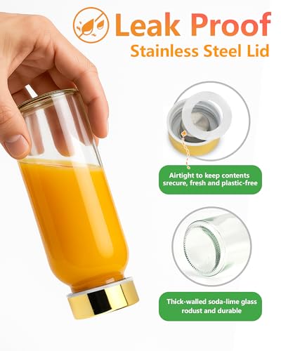 10 oz Glass Juice Bottles with Stainless Steel Gold Lid Leak Proof