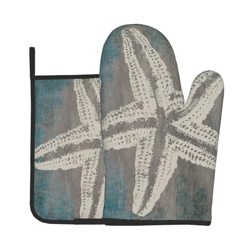 Vintage Starfish Oven Mitts and Pot Holder Set of 2 Coastal Beachy Nautical Heat Resistant Oven Glove Potholders for Kitchen Cooking Baking (Vintage Starfish)