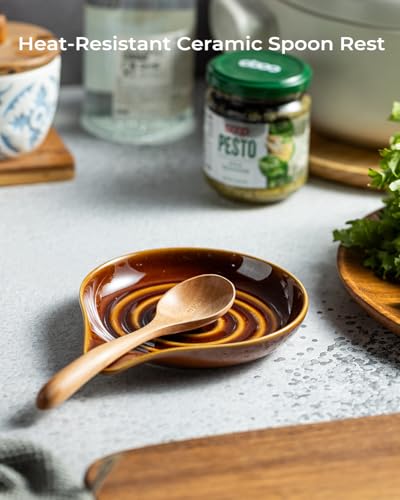 Spoon Rest Ceramic Spoon Rest for Stove Top Cooking Spoon Holder (Dark Brown)