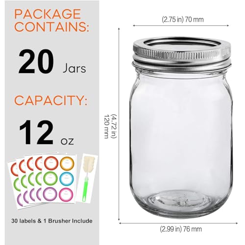 20 Pack 12oz Mason Jars with Silver Lids and Bands (Silver Split Lids-12oz)