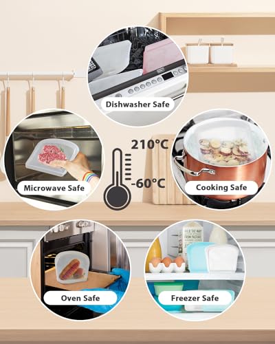 8 Pack Seal Top Silicone Food Storage Bags Microwave Oven Safe (8P Flat - Clear / ‎8Pcs- 4x7oz/ 2x14oz/ 2x28oz)