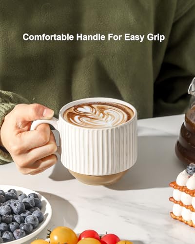 15 oz Ribbed Stackable Ceramic Coffee Mug Set of 4 (White & Light Brown / 15 Ounces)