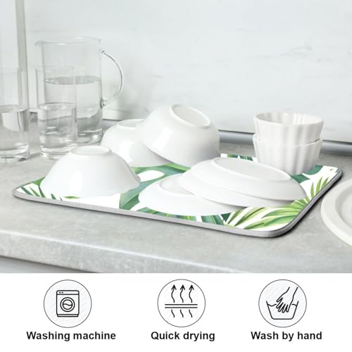 Green Monstera Palm Leaves Dish Drying Mat for Kitchen Counter Absorbent Microfiber Drying Pad (18" x 24")