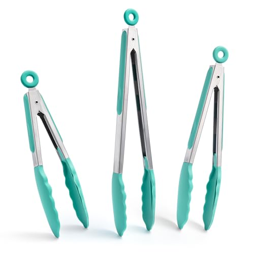 Kitchen Tongs with Silicone Tips for Cooking Serving (Set of 3 (7+9+12in) / Aqua Sky)