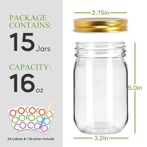 Glass Mason Jars 16 oz (Gold Lids-16oz)