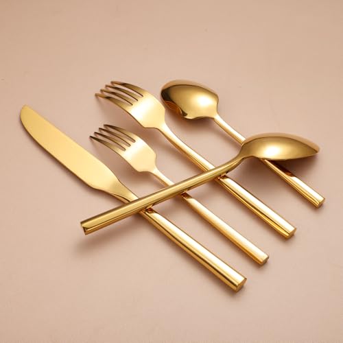 Mirror Silverware Set Gold Flatware Set with Hexagon Handle 20 Pieces 18 (Gold Mirror)
