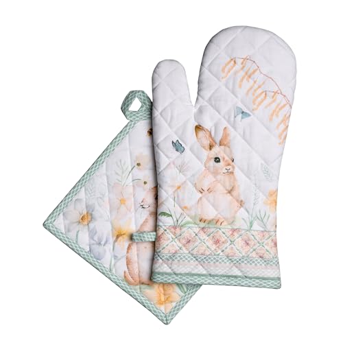 100% Cotton Oven Mitt & Pot Holder Set (076 - Easter Dew / 7.5" x 13" & 8" x 8" (Oven Mitt & Pot Holder))
