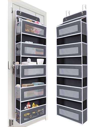 Over The Door Organizer 44LB Capacity with 5 Large Pockets & 10 Mesh Side Pockets (Dark gray)