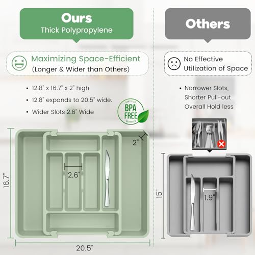 Large Silverware Organizer Tray for Kitchen Drawer Utensils Thicker (Sage Green)