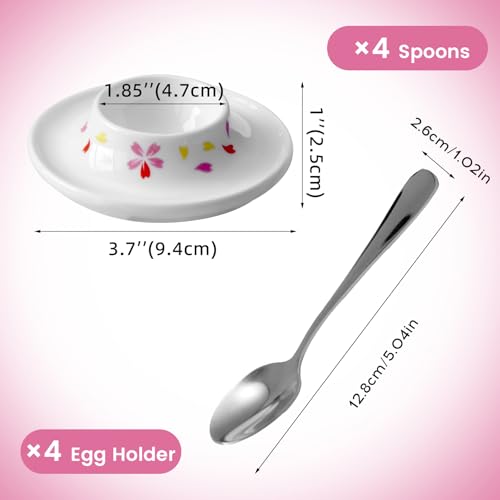 Ceramic Sakura Egg Holder Set of 4 Porcelain Holder With 4Stainless Steels Egg Spoons Breakfast Boiled Cooking Easy to Clean Childhood Memories Kitchen