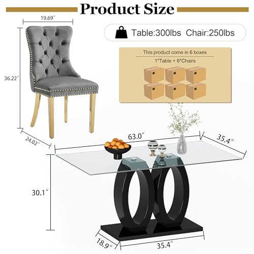 63" Glass Dining Table Set for 6 (Black Table & Gold Grey Chair / 7-Piece Set-Double O-Shaped Table)