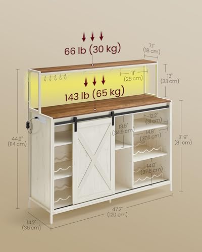 Coffee Bar Buffet Cabinet with LED Light and Power Outlet (With Power Outlet and Light / 14.2"D x 47.2"W x 44.9"H / Rustic White + Honey Brown)