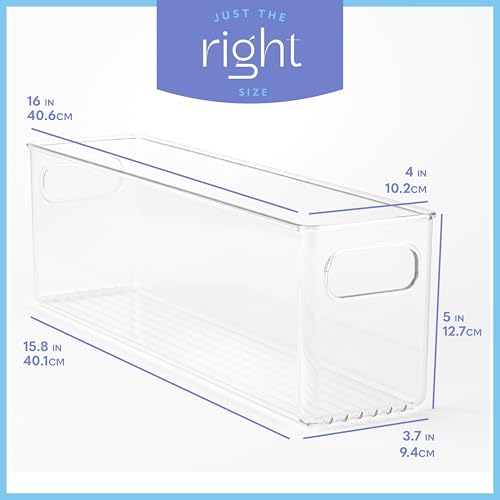 Plastic Food Storage 4 Pack Clear Container Bin with Handles for Organizing Kitchen (16x4x5)