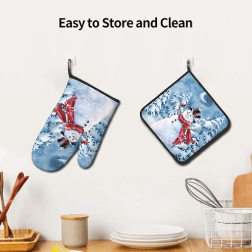 Blue Snowman Oven Mitts and Pot Holder Set of 2 Winter Snow Kitchen Gloves Potholders Heat Resistant for Chef Baking Cooking Grilling BBQ (Blue Snowman)