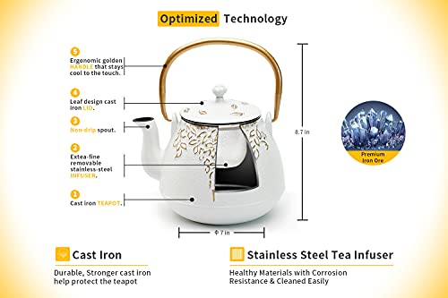 Tea Kettle TOPTIER Japanese Cast Iron Teapot with Infuser for Loose Leaf and Tea Bags (40 oz / White)