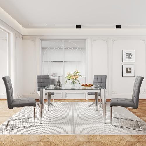 53'' Glass Dining Table Set for 4 (5PCS-52.76” L x 33.07” W x 29.53” H / Clear Silver - Grey Chair)