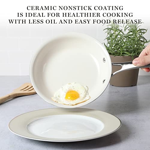 Lockton Premium Nonstick PFA Free Ceramic Interior 10 Piece Enamel Heavy Gauge Aluminum Pots and Pans Cookware Set (Butter Cream / 10-Piece Set)