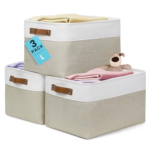 15x11in Canvas Storage Baskets 3 Pack (Beige / Off-White / Large - 3pc)