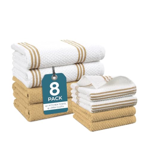 Kitchen Towel Set 8 Pc 4 Dish Towels for Kitchen (Terry - Beige / Kitchen Towel Set - 8 Pack)