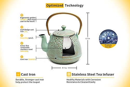 Tea Kettle TOPTIER Japanese Cast Iron Teapot with Infuser for Loose Leaf and Tea Bags (1.3 Quarts / Light Green)