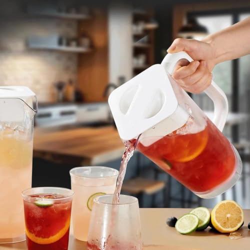 4 Pack 2L 68 oz Plastic Pitcher with Lid & Handle (White-brown-4pack)