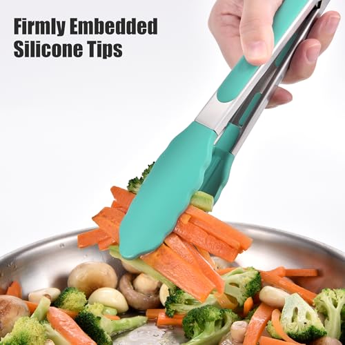Kitchen Tongs with Silicone Tips for Cooking Serving (Set of 2 (9+12in) / Aqua Sky)