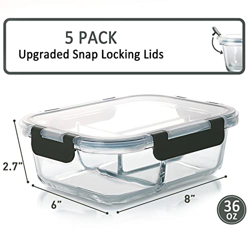 5 Pack,36 oz, 3 Compartments Glass Meal Prep Containers with Lids (Gray)