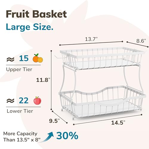 Large 2 Tier Fruit Basket for Kitchen Counter with 2 Banana Hangers (White)