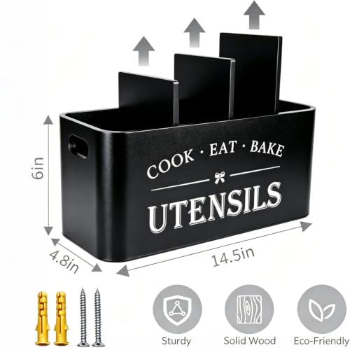 Wooden Kitchen Utensil Holder Organizer for Counter or Countertop (black / 4 Compartment)