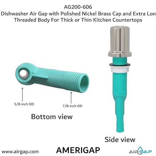 Dishwasher Air Gap with Skirted Polished Nickel Brass Cap and Extra Long Threaded Body for Thick or Thin Kitchen Countertops (AG200-606)