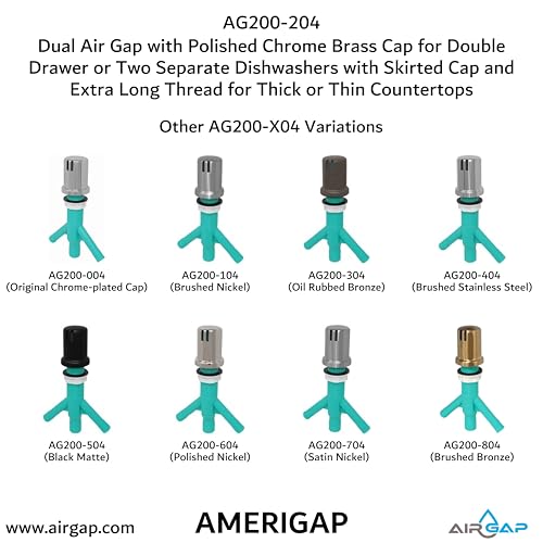 Dual Air Gap with Polished Chrome Brass Cap for Double Drawer or Two Separate Dishwashers with Skirted Cap and Extra Long Thread for Thick or Thin Countertops (AG200-204)