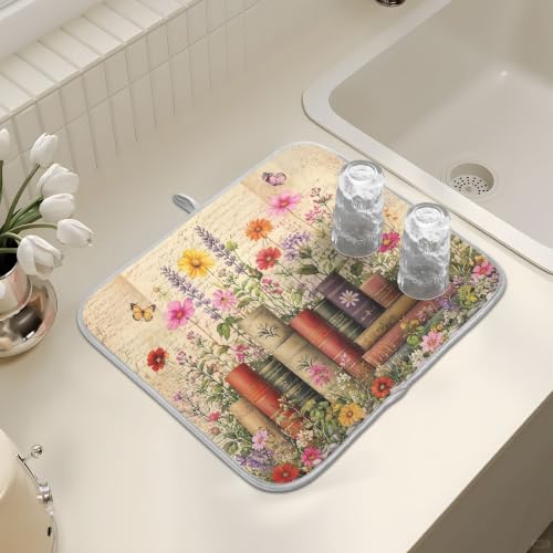 Vintage Books Shelf Dish Drying Mat for Kitchen Counter Absorbent Microfiber Small Drying Pad Dish mats for Kitchen Countertops 16 x 18 Inch (Vintage Books Shelf / 18" x 16")