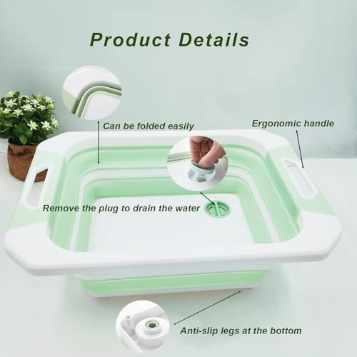 Camping Collapsible Cutting Board Dish Basin BBQ Prep Tub Camp Sink Dish Washing Station Multifunctional Storage Basket (Green White)