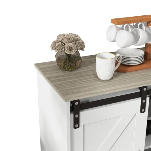 Sliding Barn Door Buffet Sideboard Storage Cabinet Coffee Bar Kitchen Farmhouse Style (White Cabinet Nature Top)