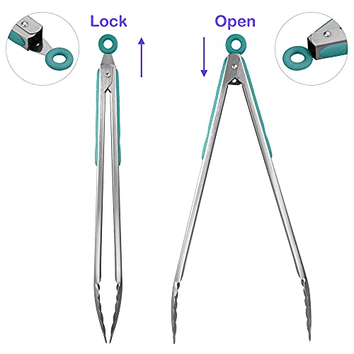 304 Stainless Steel Kitchen Cooking Tongs (14" & 16" / Aqua Sky)