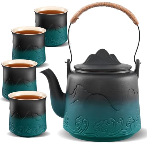 Ceramic Teapot with Infuser (Black/Green / 33.8oz Teapot&4 of 8oz Cups)
