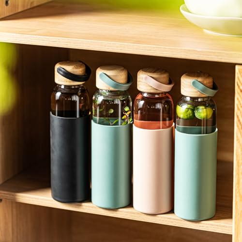 21oz Borosilicate Glass Water Bottles with Silicone Non (Pink+Black)