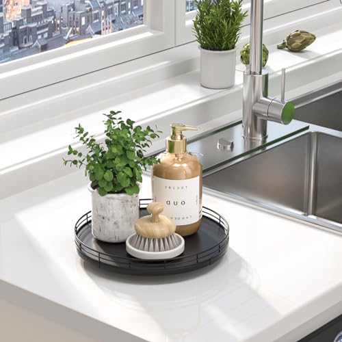 10 Inch Oak Lazy Susan Countertop Organizer with Black Metal Rail (Black / 10)
