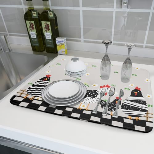 Black Rooster Dish Drying Mat for Countertop 18x24 Inches Buffalo Plaid Microfiber Drainer Rack Pads Fast Dry Dishes Mats Kitchen Accessories (Black Rooster / 18" x 24")