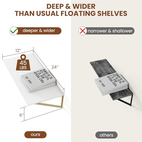 24W x 12D Deep Floating Shelves Set of 2 White & Gold (White With Golden Bracket / 24Wx12Dx5.8H)